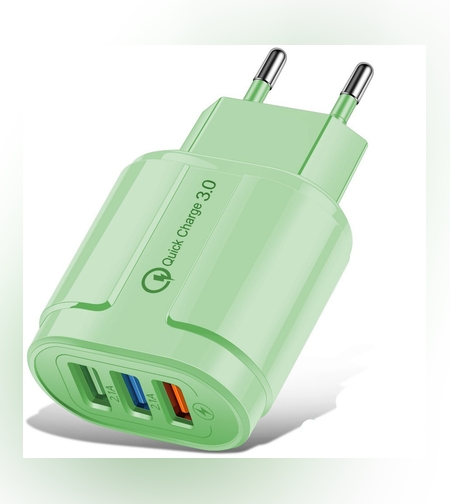 Incarcator Rapid QC3.0, Flippy, 3 Porturi USB, 2.1A, 18W, din ABS, Protectie Supraincalzire, Gama Macarons, Verde