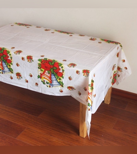 Fata de masa dreptunghiulara Flippy, PVC, 2.5 mm grosime, imprimeu clopotei, potrivit pentru Craciun, utilizare multipla, 180 x 108 cm, alb