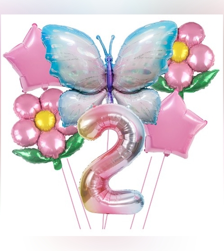 Set baloane aniversare cu numere, din folie de aluminiu, 6 piese, 2 flori, 2 stelute, 1 fluture, 1 cifra, Multicolor, Cifra 2