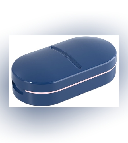 Organizator medicamente, Flippy, Dispozitiv Taiere/Sfaramare Pastile, Ideala pentru Calatorii, Portabila, Perie pentru Curatare, Compartiment depozitare, 8.5x4.5x2.5 cm, Albastru