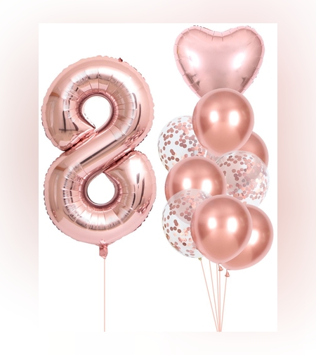 Set 10 Baloane Folie si Latex, Flippy, Tematica Aniversare, Baloane Latex 25cm, Figurina Inimioara 45 cm, Cifra 8 de 81 cm, Ambalaj Individual, Pai Inclus, Umflare cu Aer sau Heliu, Roz Pal
