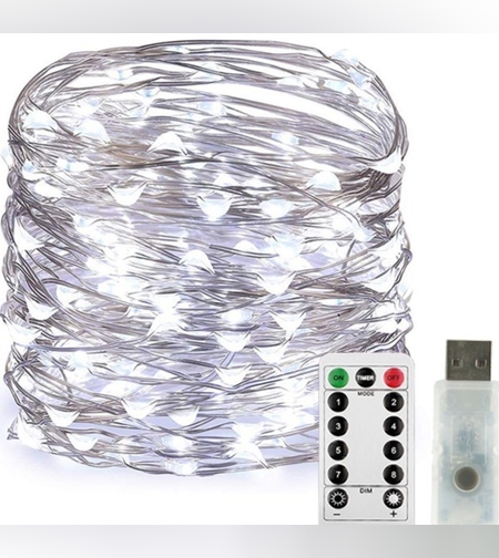 Instalatie Craciun, 10 metri, 100 LED-uri, USB, Telecomanda cu 8 functii, alb rece, Flippy