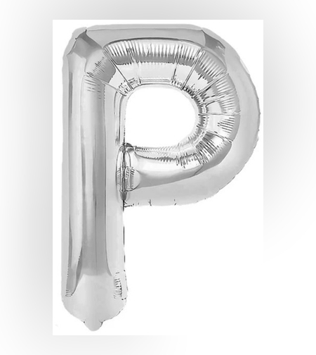 Balon Folie Metalizata Litera P, Flippy, 80 cm, Umflati cu Heliu sau Aer, Ambalaj Individual, Pai inclus, Argintiu