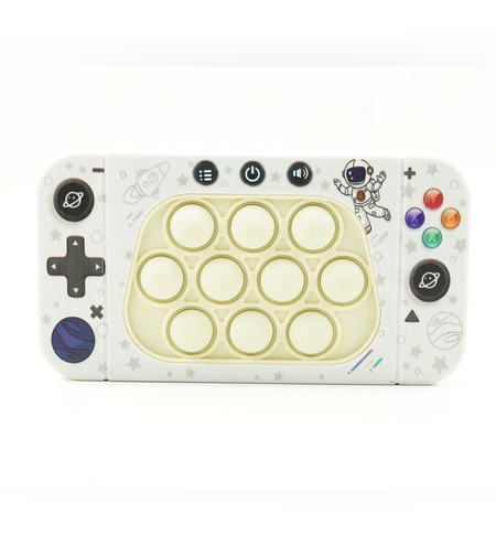 Jucarie interactiva tip consola pentru copii Flippy, speed push whack-a-mole, joc de viteza pop it, material ABS/silicon, cu nivele, sunete si lumini, 15.5 x 7.6 x 5.3 cm, model astronaut, alb