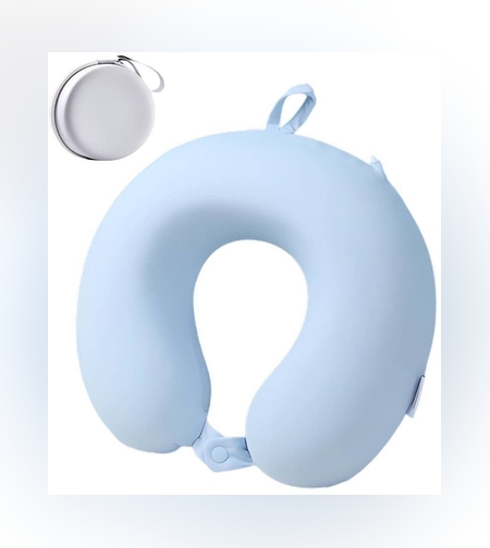 Perna de Calatorie in Forma de U, Flippy, Pentru Gat si Cap, Umplutura din Spuma cu Memorie, 30x30 cm, Sistem Prindere Capse, Cutie de Depozitare, Bleu