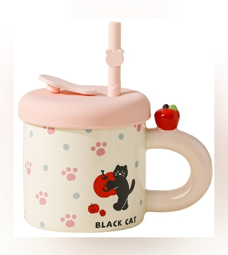 Cana din Ceramica cu Capac si Pai, Flippy, Capacul si Paiul din Silicon Roz, 9x8.5 cm, Model Cute D, Capacitate 380ml