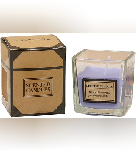 Lumanare Parfumata, Flippy, Model Pahar Transparent, cu Ulei Esential, 4.8 x 5.4 x 5.5 cm, Aroma de Lavanda, Mov