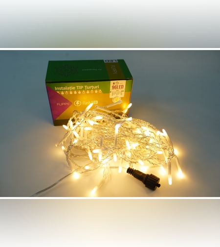 Instalatie de Craciun Flippy® Tip Turturi, Franjuri cu Flash, Sectiune 3 m, 96 LED-uri, Interconectabila, Fir Transparent, Alb Cald