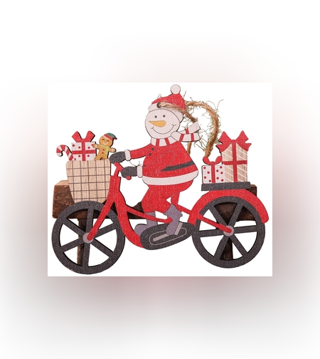 Decoratiune de Craciun din Lemn, Flippy, cu Snur pentru Agatare in Brad, Model Om de Zapada pe Bicicleta, 10.3x11.5x0.5 cm, Multicolor