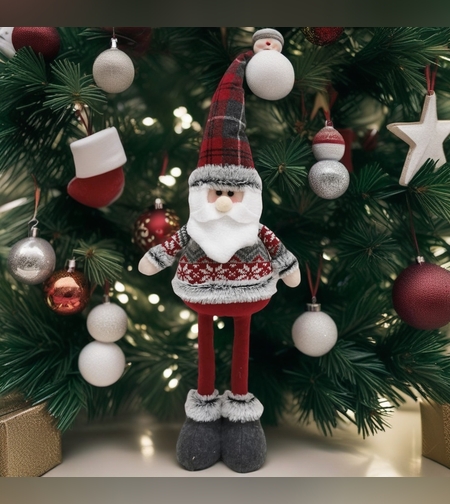 Figurina Decorativa, Pentru Craciun, Flippy, Mos Craciun, Picioare Telescopice, Inaltime Reglabila 44-54cm, Bluza cu Fulgi, Rosu/Gri