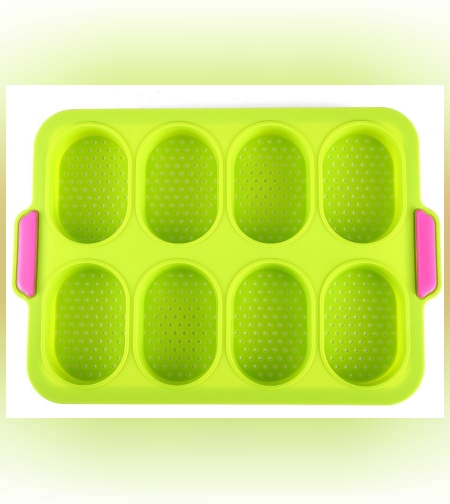Forme de Silicon pentru Copt, Flippy, 8 Forme Ovale, pentru Paine si Prajituri, 34.5 x 23.8 x 2.5 cm, Verde/Roz