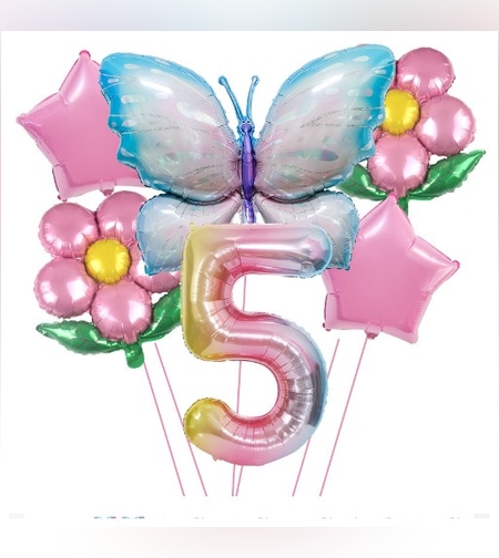 Set baloane aniversare cu numere, din folie de aluminiu, 6 piese, 2 flori, 2 stelute, 1 fluture, 1 cifra, Multicolor, Cifra 5