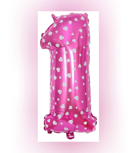 Balon din Folie Metalizata Flippy, Figurina Cifra, Imprimeu Inimi, Tema Aniversare 80 cm, Ambalaj Individual, Pai inclus, Umflare cu Aer sau Heliu, Roz, Cifra 1