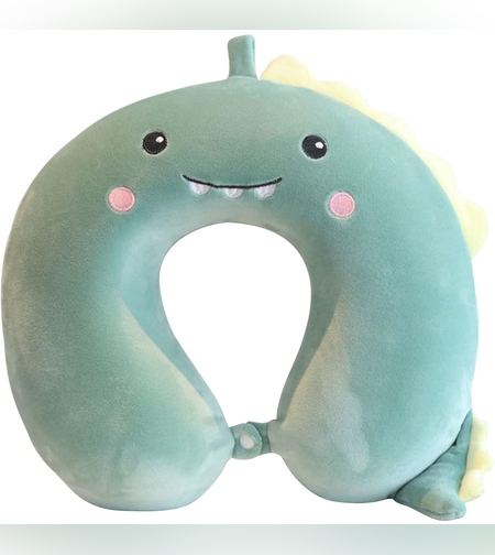 Perna de Calatorie in Forma de U, Flippy, Pentru Gat si Cap, Umplutura din Spuma cu Memorie, 30x30 cm, Model Dinozaur, Accesoriu de Voiaj, Birou, Masina, Sistem Prindere Capse, Verde