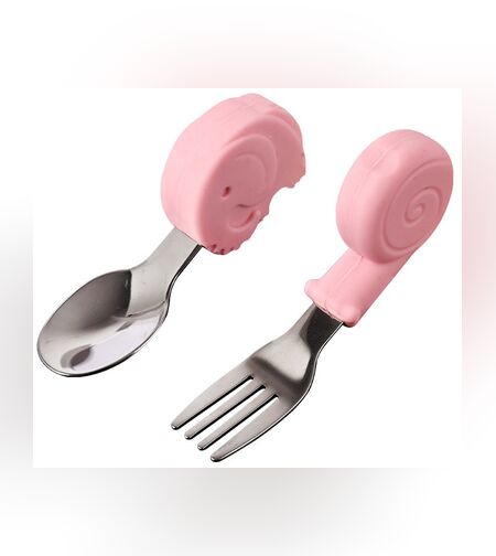 Set Tacamuri pentru Bebelusi, Flippy, Lingura si Furculita, Inox/Silicon, 1- 3 Ani, Model cu Animale, Multicolor