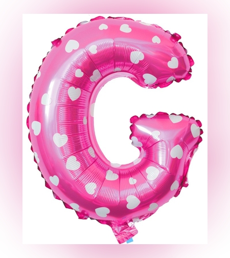 Balon Folie Metalizata Litera G, Flippy, 40 cm, Cu Imprimeu Inimioare, Umflati cu Heliu sau Aer, Ambalaj Individual, Pai inclus, Roz