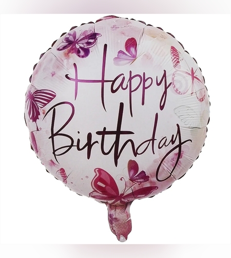 Balon din Folie Metalizata, Flippy, Mini Figurina Rotunda, Model Happy Birthday Fluturasi, Tema Aniversare, 45 cm, Ambalaj Individual, Pai inclus, Umflare cu Aer sau Heliu, Roz