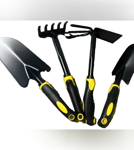 Set 4 Unelte de Gradina Flippy, pentru Plantare, Prelucrare Sol si Ingrijire Plante, Material PVC Carbon, Grebla, Sapaliga cu Cap Dublu, Lopata Mica, Lopata Lata, 43 x 11 cm, Negru/Galben