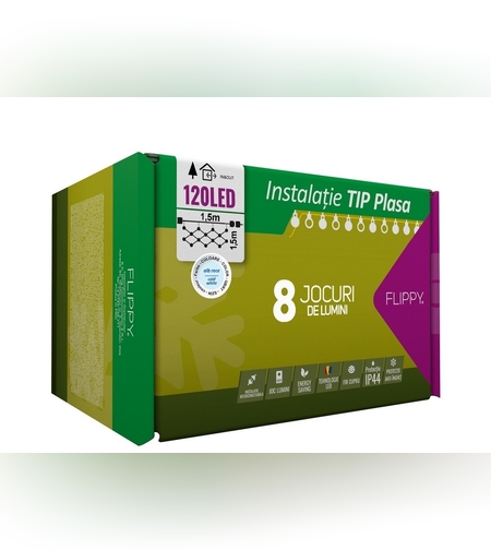 Instalatie Craciun, Tip Plasa, 1.5 m x 1.5 m, 120 LED-uri, Alb rece, 8 jocuri de lumini, Transformator, Interconectabila, Prelungitor 3 m inclus, Fir transparent, Flippy
