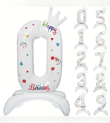 Balon din Folie Metalizata, Flippy, Figurina Cifra, Model 0 cu Happy Birthday Scris, Tema Aniversare 81 cm, Ambalaj Individual, Pai Inclus, Umflare cu Aer sau Heliu, Alb