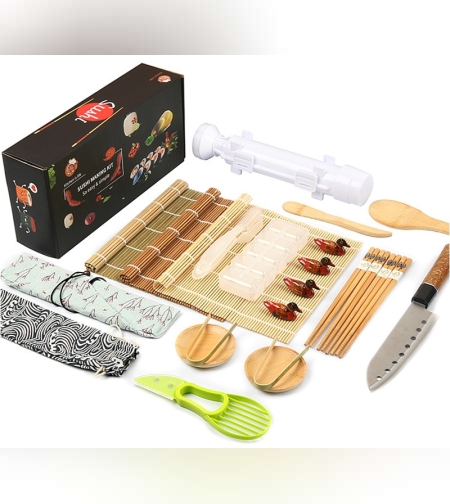 Set Ustensile pentru Sushi, Flippy, Set din 24 Accesorii pentru Sushi, Set pentru Sushi HOME MADE, Cutit Inclus, Forme, Betisoare, Multicolor
