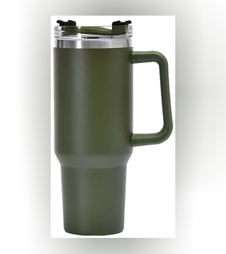 Cana Termos din Plastic, Flippy, pentru Bauturi Calde si Reci, cu Maner, 9.9x9.9x27 cm, Verde Army