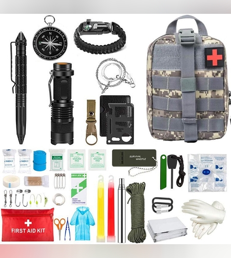 Kit supravietuire multifuncional Flippy, 42 de Instrumente Profesionale, Echipament de prim-ajutor, Drumetie, Camping