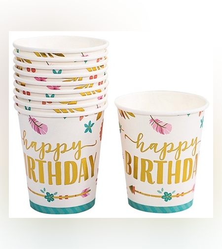 Set 10 Pahare, Flippy, Imprimeu Happy Birthday Gold, din Carton, 250 ml, 7.5 x 8.5 x 5.2 cm, Multicolor
