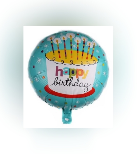 Balon din Folie Metalizata, Flippy, Mini Figurina Rotunda, Model Happy Birthday Tort, Tema Aniversare, 45 cm, Ambalaj Individual, Pai inclus, Umflare cu Aer sau Heliu, Albastru