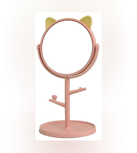 Oglina Cosmetica cu Picior, Flippy, HD, Rotire 360 Grade, 15 cm Diametru, Suport Bijuterii Baza Rotunda + 2 Brate, Model cu Urechi, 31 x 14.5 x 15 cm, din Plastic, Roz/Galben