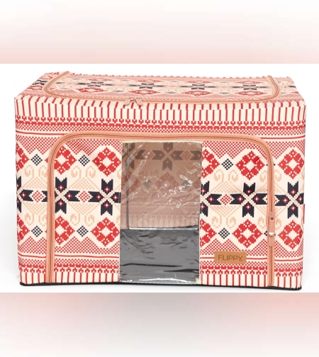 Cutie de Depozitare Pliabila, Flippy, 66 L din Bumbac si In, 52 x 42 x 39 cm, Fereastra Frontala, 2 Usi de Acces cu Fermoar Bidirectional, Cadru Metalic, Suport Baza Stabil din Plastic, Motiv Traditional Model 5