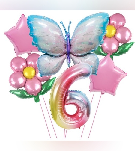 Set baloane aniversare cu numere, din folie de aluminiu, 6 piese, 2 flori, 2 stelute, 1 fluture, 1 cifra, Multicolor, Cifra 6