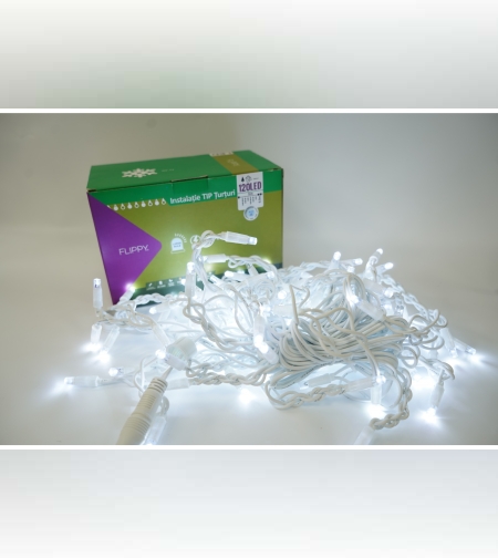 Instalatie de Craciun Flippy® Tip Franjuri cu Flash, IP65, Sectiune 5 m, 120 LED-uri, Interconectabila, Fir Alb, Alb Rece, Atentie! Nu contine Alimentator