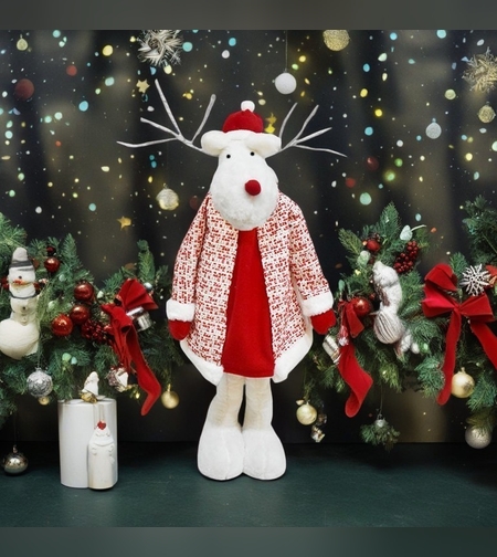 Figurina Decorativa, Pentru Craciun, Flippy, Ren, Picioare Telescopice, Inaltime Reglabila 42 - 80 cm, cu Haina, Alb/Rosu