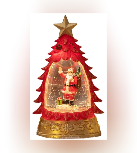 Decoratiune de Craciun tip Brad, Flippy, Glob de Cristal cu Fulgi de Zapada, Model Mos Craciun, Iluminare LED, 16 x 9 x 5 cm, Carcasa Vintage Rosu, Transparent