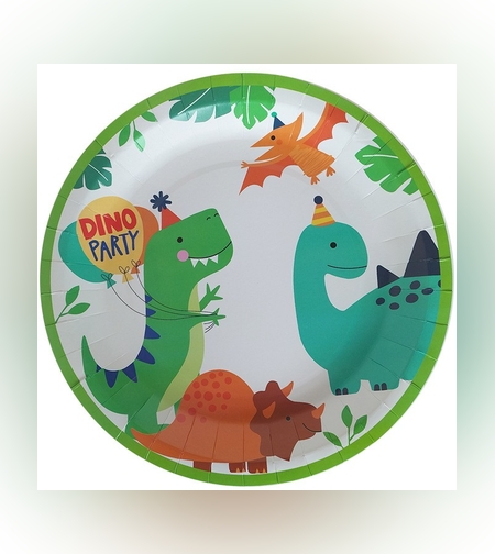 Set 10 Farfurii de Carton Happy Birthday, Flippy, 23 cm, Tematica Aniversare, Model Dinozauri, Multicolor