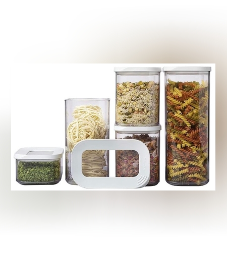 Set 5 Cutii de Depozitare Alimente, Flippy, Capac Alb, din ABS+Silicon, 23 x 15 x 27 cm, Transparent