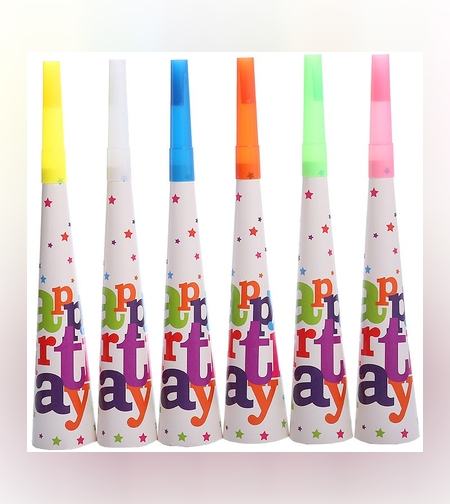 Set 6 Suflatori, Flippy, Colectia Happy Birthday, 20 cm, din Carton, Multicolor