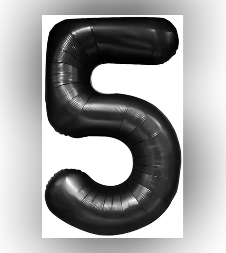 Balon din Folie Metalizata, Flippy, Figurina Cifra, Tema Aniversare 80 cm, Ambalaj Individual, Pai inclus, Umflare cu Aer sau Heliu, Negru, Cifra 5