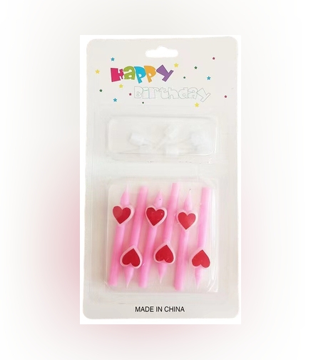 Set 6 Lumanari de Tort, Flippy, Model Creion cu Inimioare, 5.9 x 1.1 cm, din Ceara, Roz