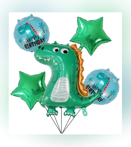 Set 5 Baloane folie de aluminiu, Flippy, Figurina Dinozaur, pentru aniversare HAPYY BIRTHDAY, Stelute Verzi si Baloane Albastre, 50 - 70 cm