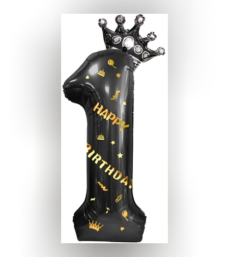 Balon din Folie Metalizata Flippy, Figurina Cifra si Coroana, Scris Happy Birthday, Tema Aniversare 100 cm, Ambalaj Individual, Pai inclus, Umflare cu Aer sau Heliu, Negru, Cifra 1