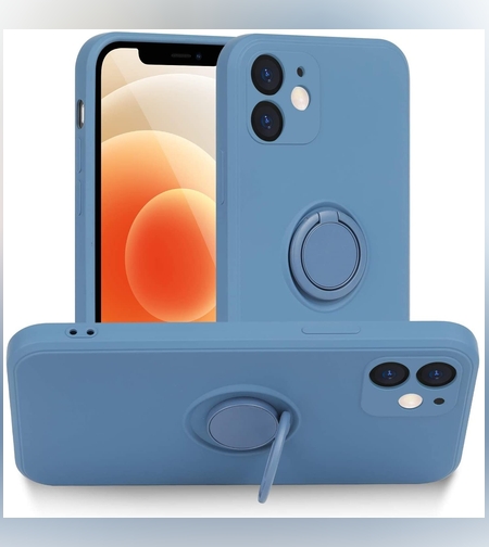 Husa protectie Flippy compatibila cu Apple iPhone 12 Liquid Silicone Ring cu suport rotativ Albastru deschis