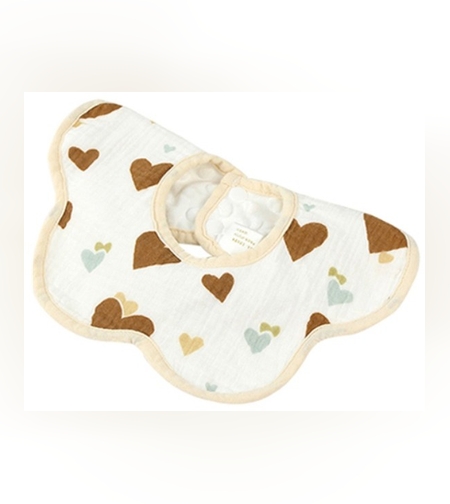 Baveta Tip Floare, Flippy, din Bumbac, pentru Copii 0-12 Luni, Rezistenta la apa, cu Capse, Model cu Inimioare, 26 x 29 cm, Maro