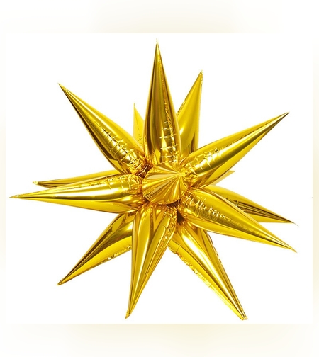 Balon din Folie Metalizata, Flippy, Figurina Stea 3D, 66 cm, Ambalaj Individual, Pai inclus, Umflare cu Aer sau Heliu, Auriu