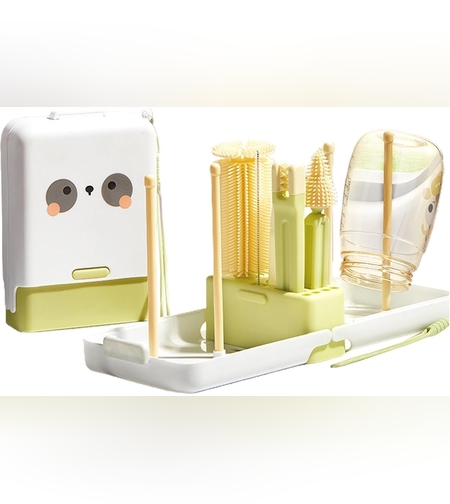 Set 7 Piese de Spalat/Uscat Biberoane, Flippy, Portabil, Peri de Silicon, pentru Tetine, Suzete, Biberoane, Paie, Cutie Inclusa, 16.8 x 12 x 5 cm, Model Panda, Verde