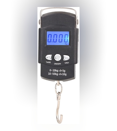 Cantar Digital de Mana cu Carlig, Flippy, Cantar Portabil, Pescuit, cu Maner, Capacitate 50 kg, cu Metru Incorporat, 20.5 x 6 x 2.5 cm, Negru