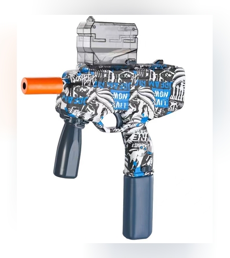 Mitraliera de jucarie electrica Flippy cu bile de hidrogen de gel, gun bluster, tragere in rafala, varsta peste 6 ani, ochelari de protectie, 5000 de bile incluse, cablu de incarcare, 40.1 x 31.6 cm, Mp9, albastru