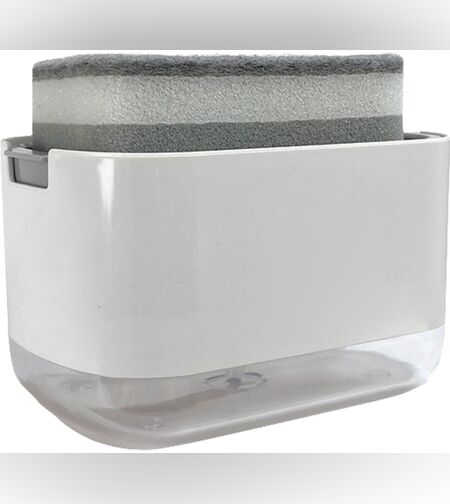 Dozator Flippy, Dispenser 2 in 1 pentru Detergent Lichid de Vase sau pentru Obiecte Sanitare cu Suport pentru Burete de Bucatarie , 8.6 x 14.5 x 10 cm, capacitate 300 ml, alb