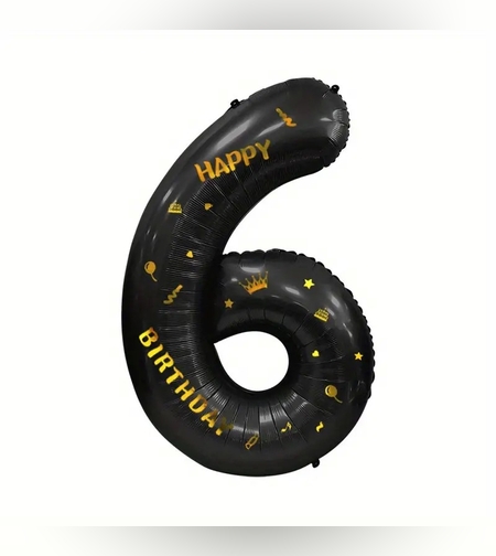 Balon din Folie Metalizata Flippy, Figurina Cifra, Scris Happy Birthday, Tema Aniversare 100 cm, Ambalaj Individual, Pai inclus, Umflare cu Aer sau Heliu, Negru, Cifra 6